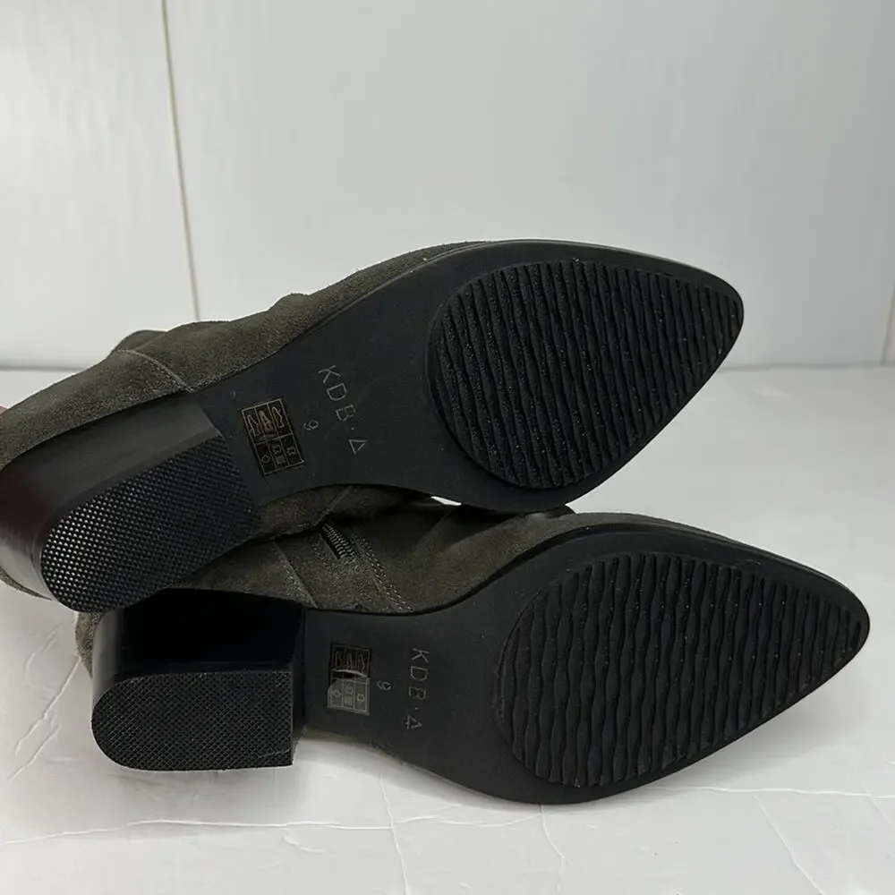 Kelsi Dagger Brooklyn Ego Suede Ankle Boots Olive Green Point Toe Block Heel 9